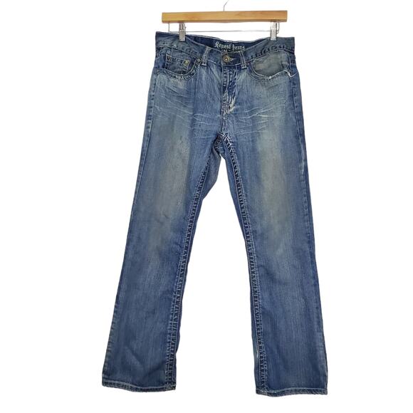 Request Jeans | Distressed Worked-In Flap Back Pocket Relaxed Straight Leg Jeans - Picture 1 of 11
